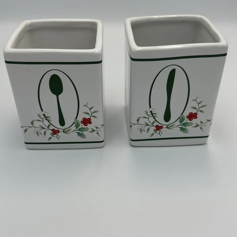(2) Pfaltzgraff Winterberry Spoon Knife Holder Christmas Table Square‎ Stoneware